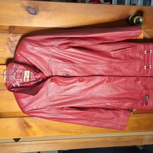 ELENA by FERME* red leather trench button front 2pkt white accent stitching sz M - Picture 3 of 17